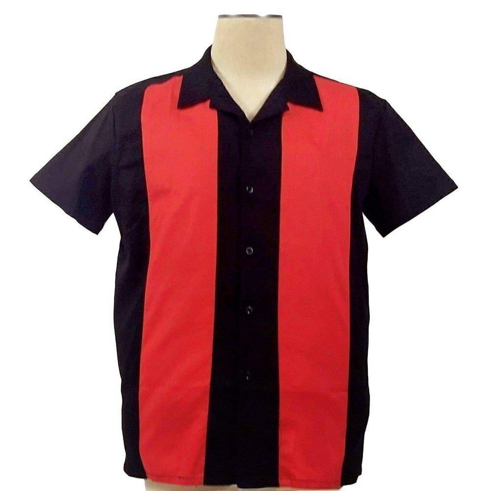 Men's Bowling Shirt in Black with Red Panels
